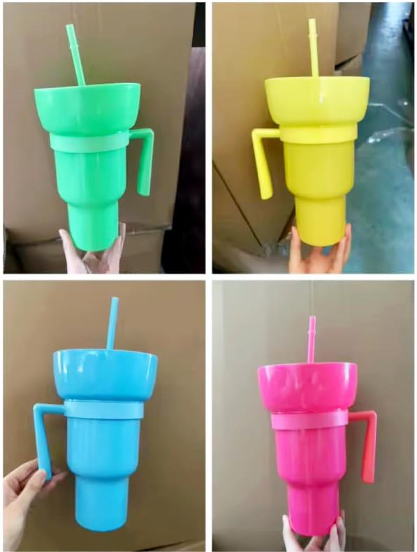 Snack and Drink Combo Cup with Lid & Straw - Reusable Plastic Drinking Tumbler - 4 Color Options - BPA-Free, Durable, for Sports, Parties, Events, Travel, Movie for Kids and Adults