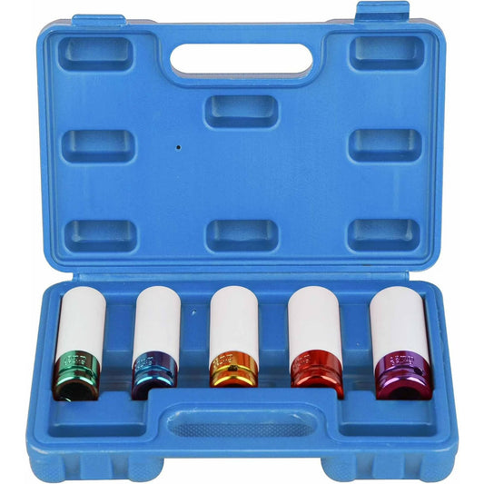 Drive Lug Nut Impact Socket Set 1/2-Inch, Thin Wall Deep Wheel Protector Impact Socket Set, 6 Point, Metric, 5pcs 15mm, 17mm, 19mm, 21mm, 22mm