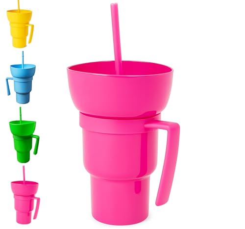 Snack and Drink Combo Cup with Lid & Straw - Reusable Plastic Drinking Tumbler - 4 Color Options - BPA-Free, Durable, for Sports, Parties, Events, Travel, Movie for Kids and Adults